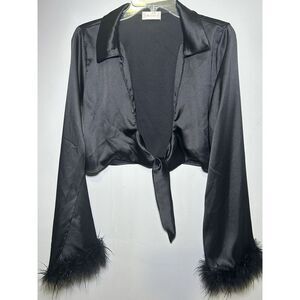 Altar'd State Black Satin Tie Front Crop Top Feather Sleeves Plunge Neck Size XL